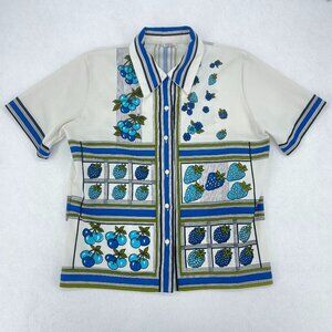 Vintage 70s Novelty Fruit Print Button Up Shirt Blue Cherries Kitsch Womens L XL